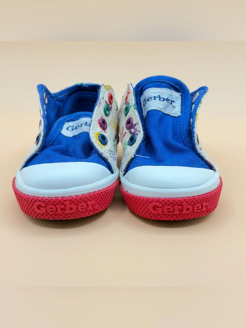 Gerber Toddler Sneakers Blue Multicolor Handprint Canvas Size 4 No Laces VTG